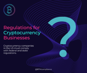 Illustration of cryptocurrency regulations for businesses with a question mark